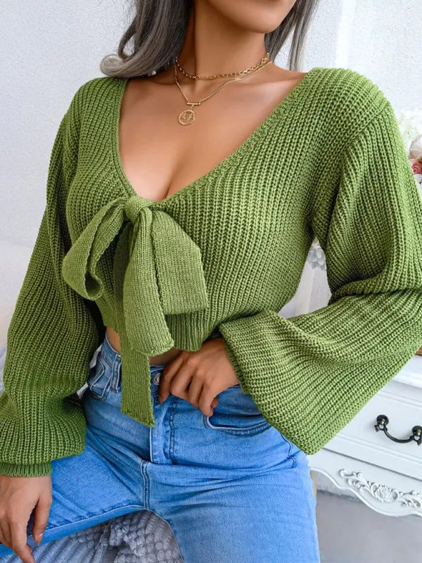 Women's Bow V-Neck Lantern Sleeve Crop Sweater