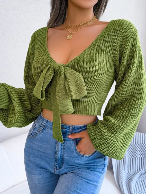 Women's Bow V-Neck Lantern Sleeve Crop Sweater