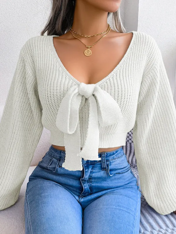 Women's Bow V-Neck Lantern Sleeve Crop Sweater