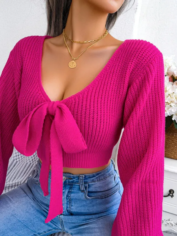 Women's Bow V-Neck Lantern Sleeve Crop Sweater