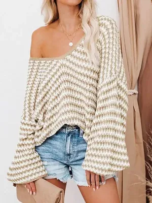 Women’s Dramatic Off The Shoulder Cropped V Neck Sweater With Wide Bell Sleeves