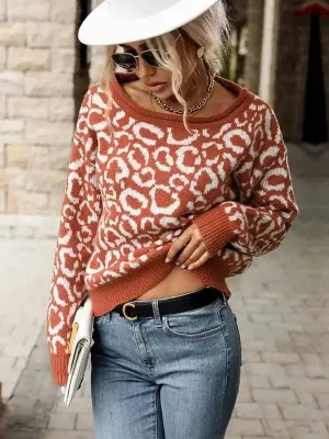 Women’s Jaguar Print Knit Sweater With Wide Neckline