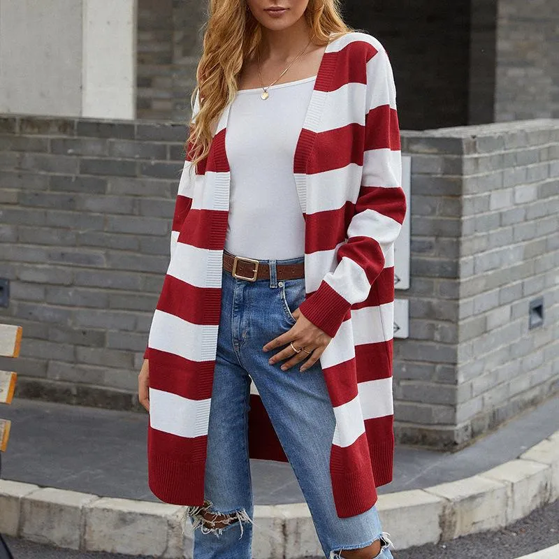 Women's knitted sweater long color contrast striped cardigan sweater