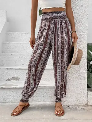 Women’s new elastic trousers ethnic style high waist printed trousers