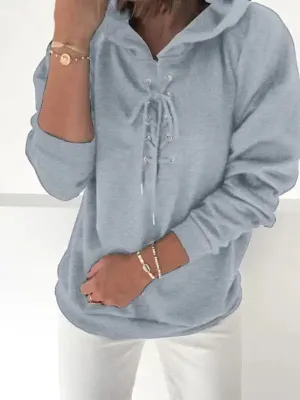 Women’s Solid Color Lace Up Long Sleeve Hoodie