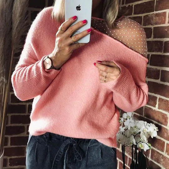 Women's sweater sexy round neck perspective off-shoulder loose casual top