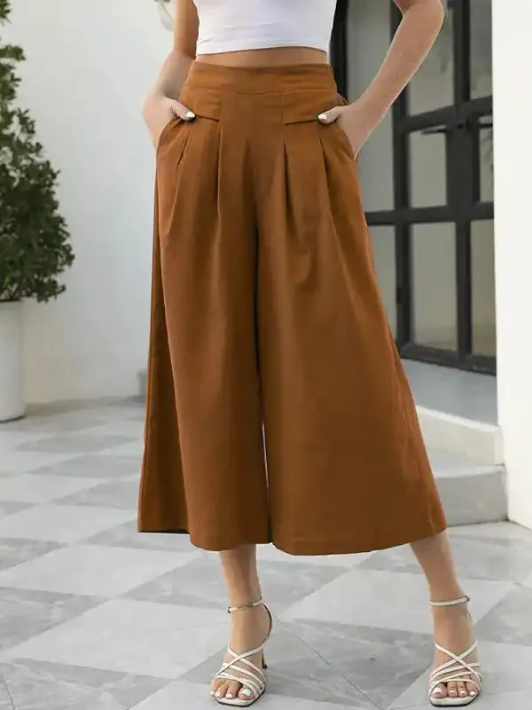 Women’s woven racer-pleated A-shaped cropped wide-leg pants