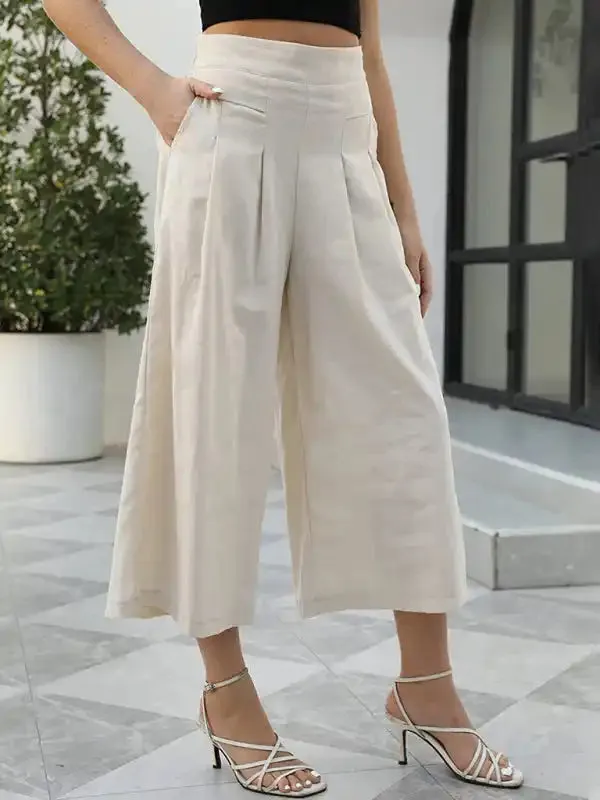 Women’s woven racer-pleated A-shaped cropped wide-leg pants