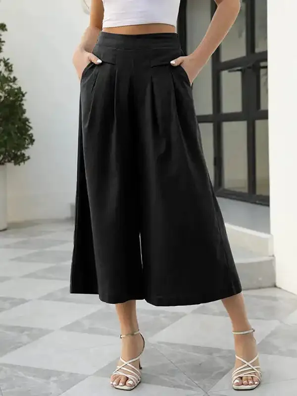 Women’s woven racer-pleated A-shaped cropped wide-leg pants