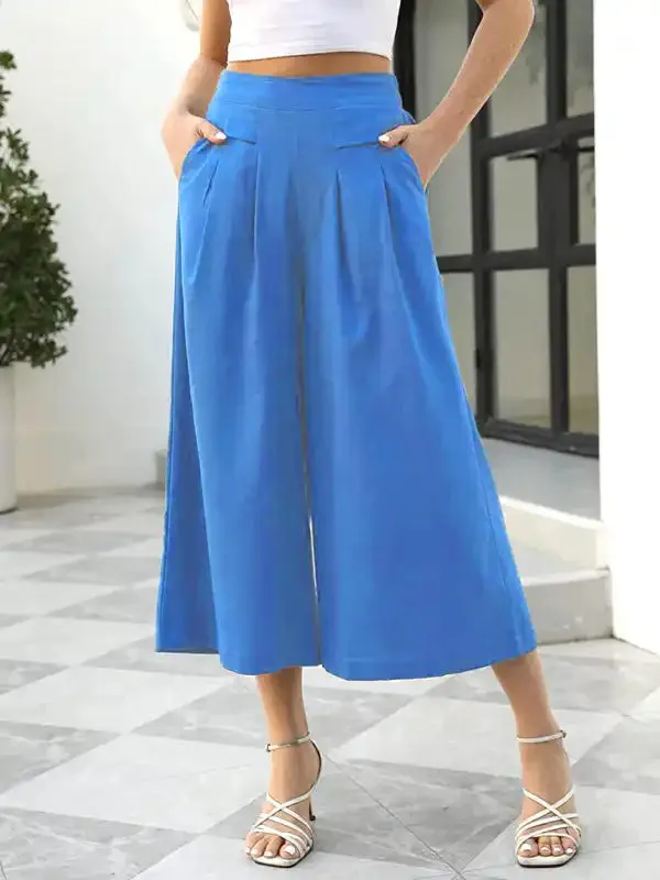 Women’s woven racer-pleated A-shaped cropped wide-leg pants